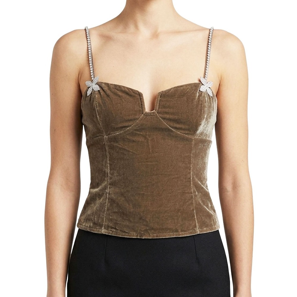 NWT Reformation Desiree Velvet Top Olive Brown Corset Rhinestone 4